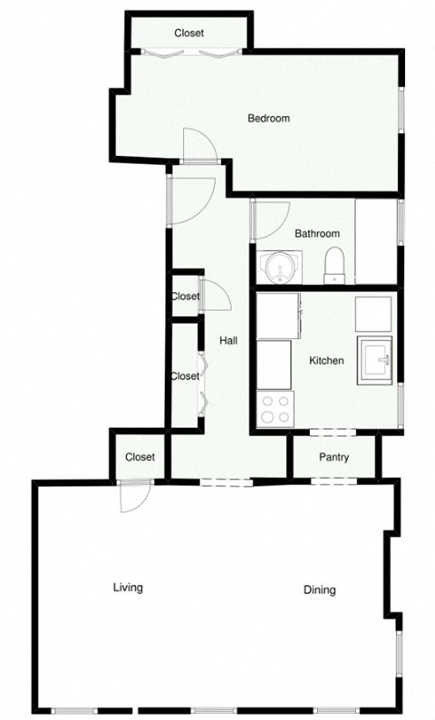 Floor plan for 1 bed, 1 bath, 888 sqft